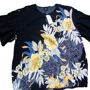 JM Collection Large Black with Beautiful Flowers Blouse